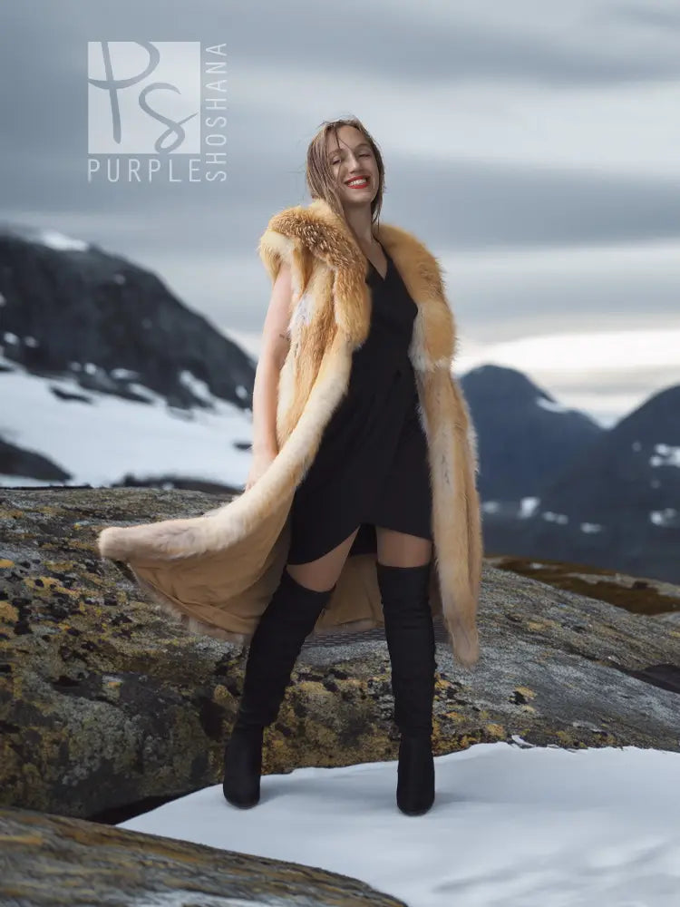 Red fox fur vest with sculpted collar, sleeveless, longline fit