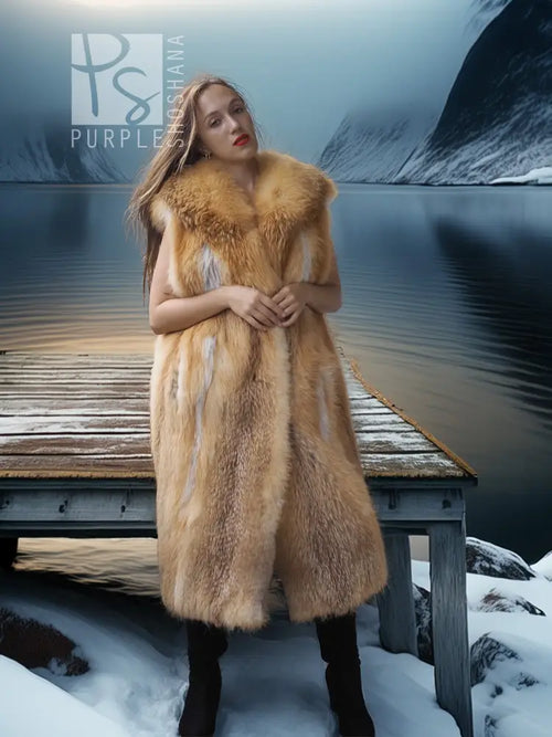 Red fox fur longline vest with sculpted collar, sleeveless