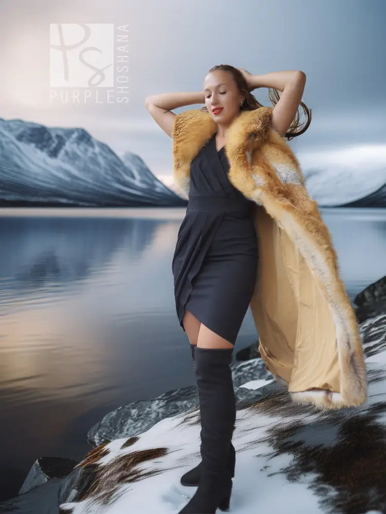 Faux fur vest with long sculpted collar trim, golden tan, sleeveless