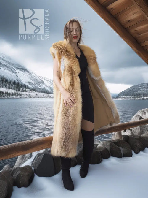 Golden tan faux fur vest with sculpted collar, open sleeveless design