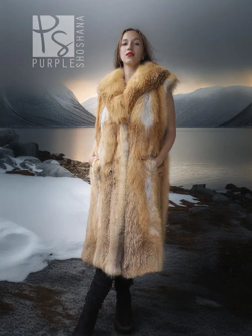 Red fox fur longline vest with sculpted collar, sleeveless, shaggy texture