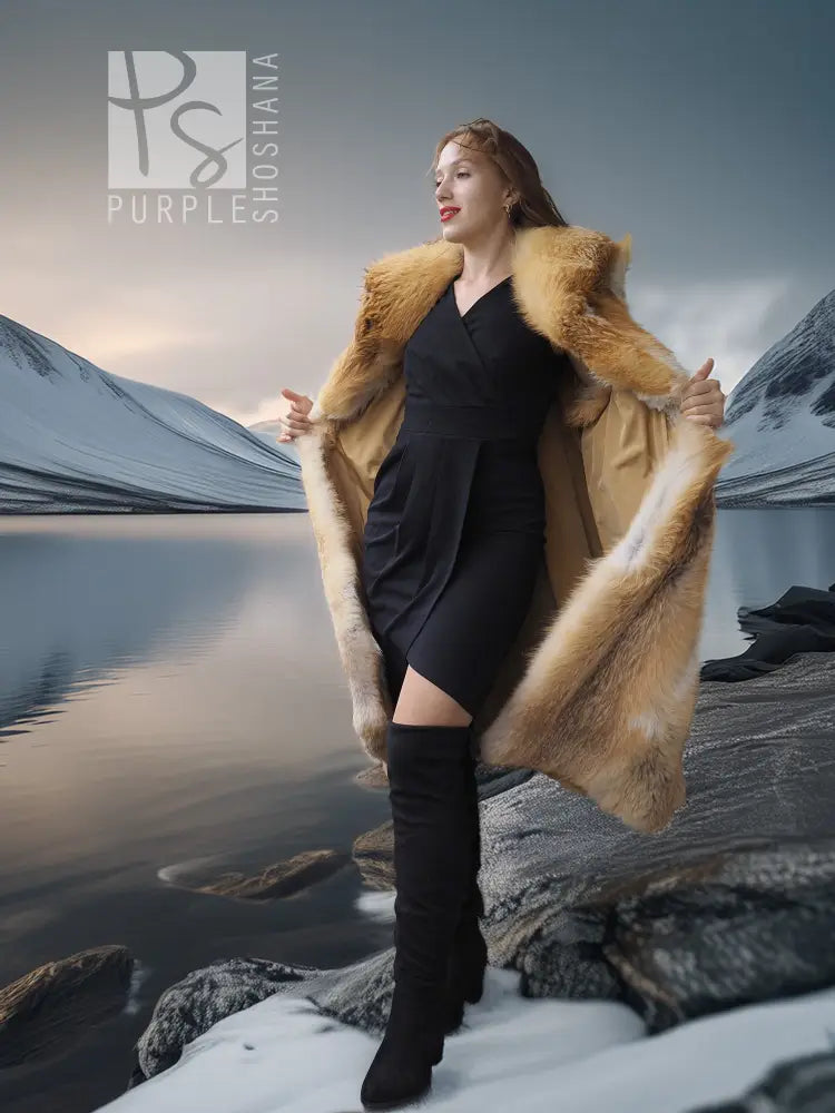 Red fox fur vest with sculpted collar, golden-brown fur, oversized fur neckline