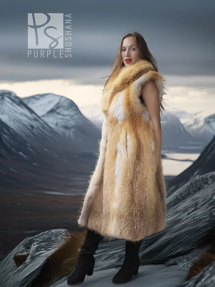 Red fox fur sleeveless vest with sculpted collar, tapered hem