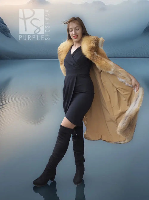 Red fox fur vest with sculpted collar, golden-brown fur, open front and hem trim