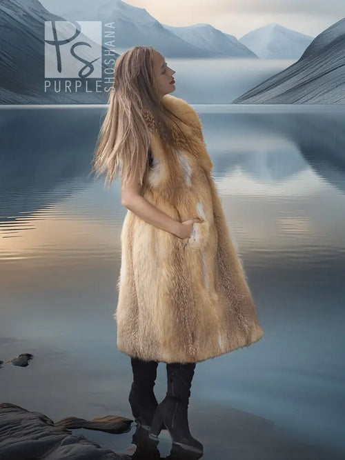Red fox fur vest with sculpted collar, sleeveless, longline silhouette