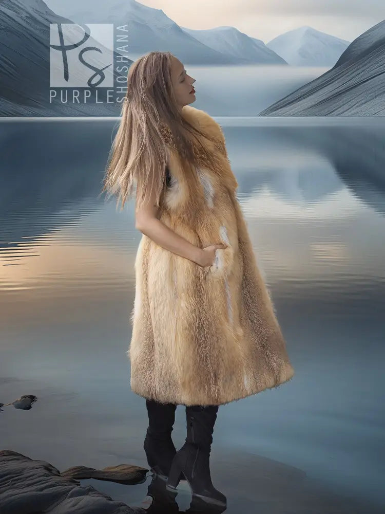 Red fox fur vest with sculpted collar, sleeveless, longline silhouette