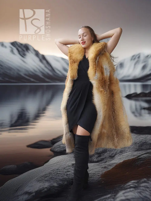 Red fox fur vest with sculpted collar, sleeveless, open front