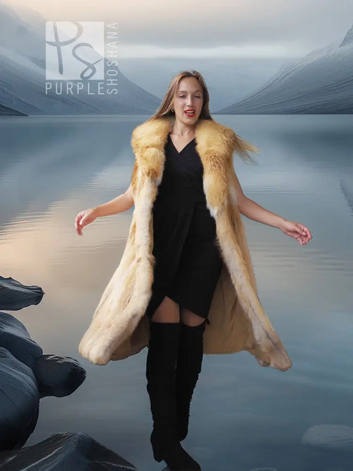 Red fox fur vest with sculpted collar, golden-brown fur, open sleeveless design