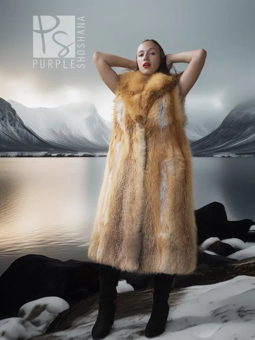 Red fox fur vest with sculpted collar, golden-brown fur, long A-line silhouette