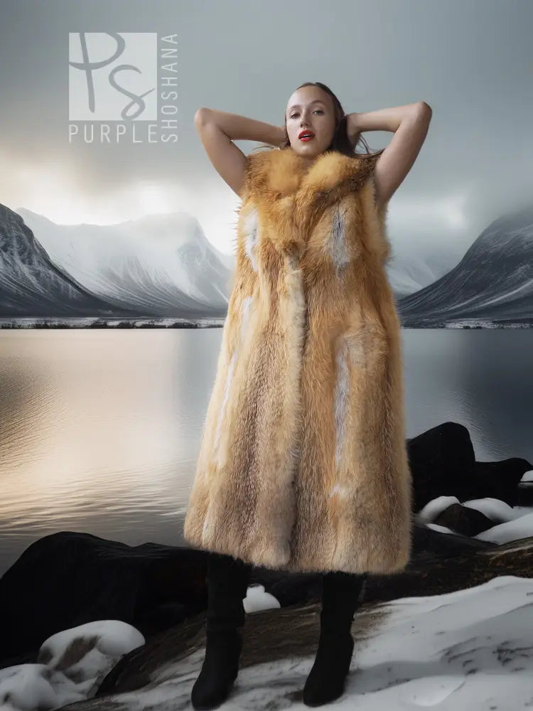 Red fox fur vest with sculpted collar, golden-brown fur, long A-line silhouette