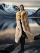 Red fox fur vest with sculpted collar, golden-brown fur, layered open front