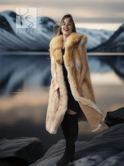 Red fox fur vest with sculpted collar, golden-brown fur, layered open front