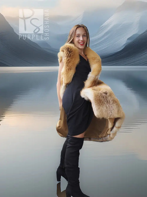 Red fox fur vest with sculpted collar, golden-brown fur, sleeveless long length