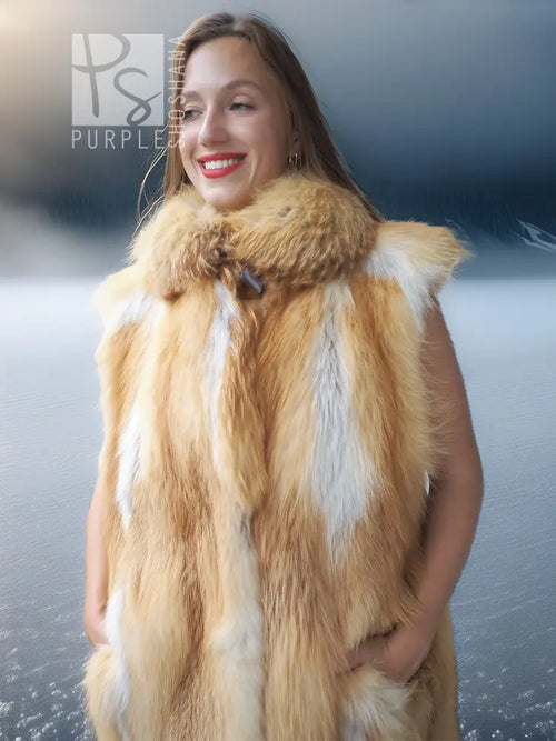 Red fox fur vest with sculpted collar, sleeveless, close-up of neckline