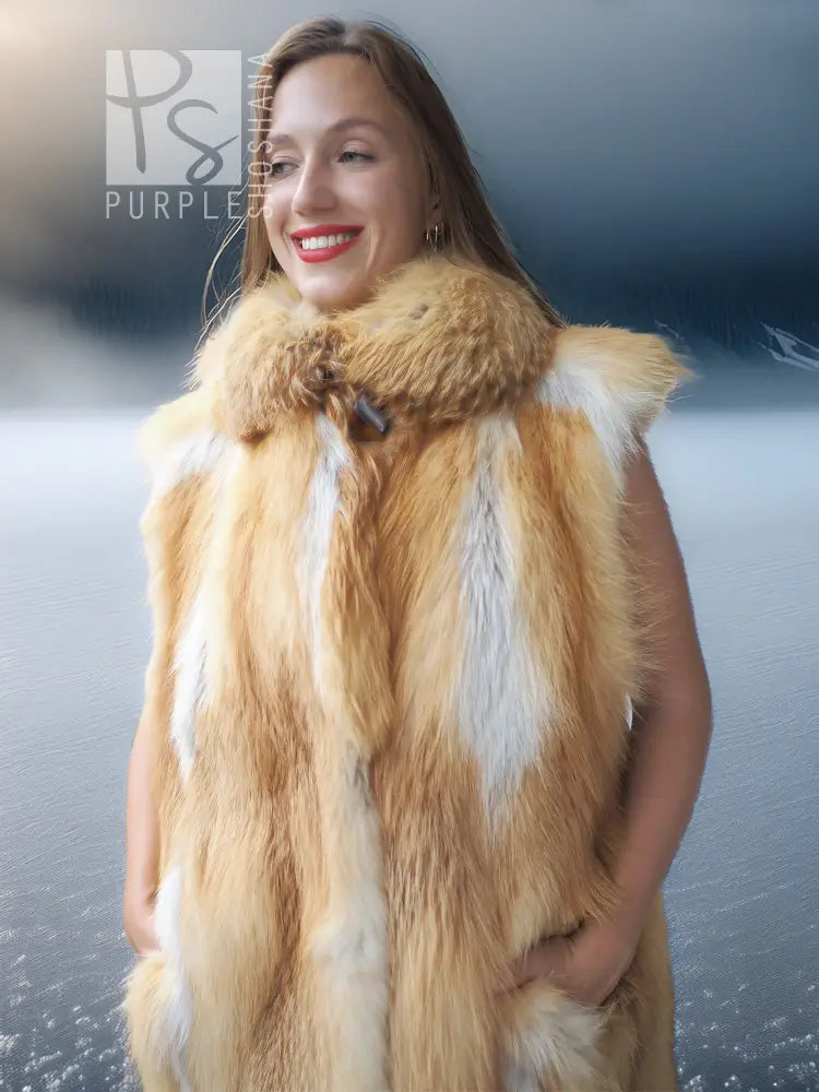 Red fox fur vest with sculpted collar, sleeveless, close-up of neckline