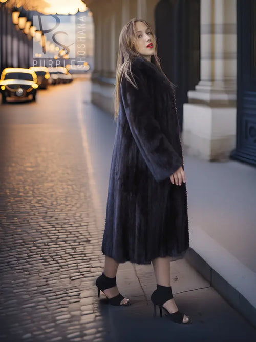 Full-length dark mink coat with open front and soft, textured fur on sleeves.
