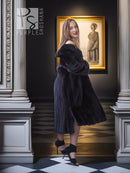 Black mink full-length coat with V-neck, hood, and flared, textured fur body.