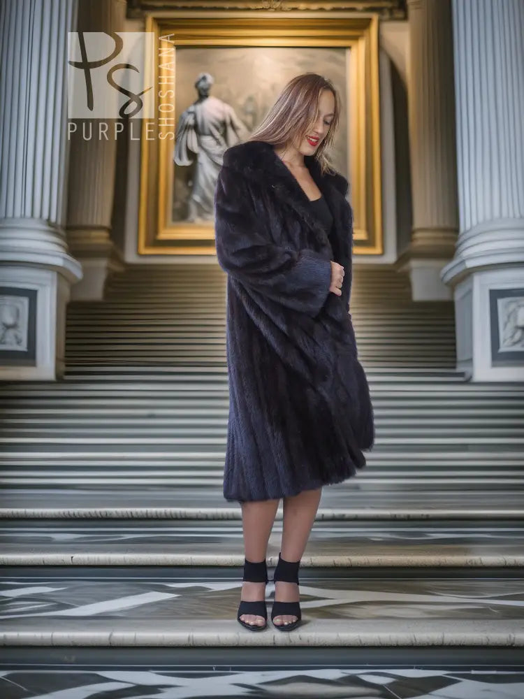 Full-length dark mink coat with plush fur texture and open, front-facing design.