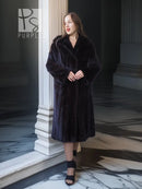 Black mink full-length coat with V-neck, straight skirt, and side-slit detailing.