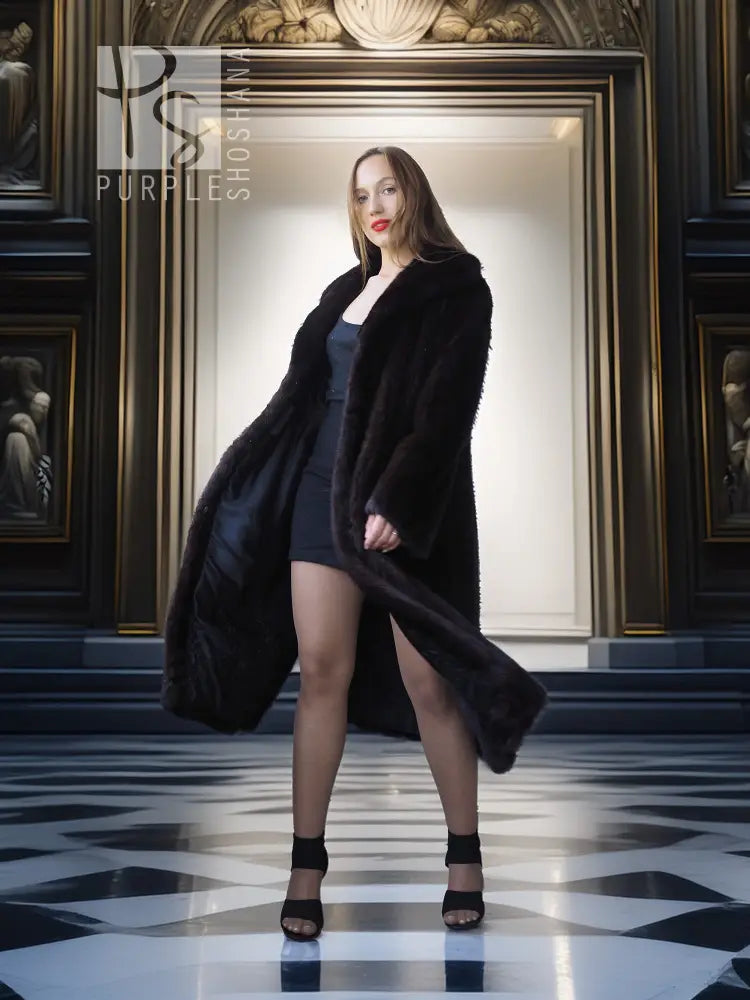 Black mink coat, full-length silhouette, draped sleeves, open front, side slit