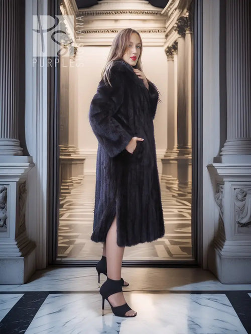 Black mink full-length coat with hooded collar and open front over the skirt hem.