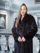 Full-length dark mink coat with plush fur texture and wide shawl collar, front close-up.