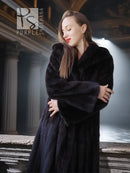 Black mink full-length coat with V-neck, button front, and thick fur sleeves.