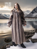 Full-length raccoon fur coat with hood, long sleeves, open front