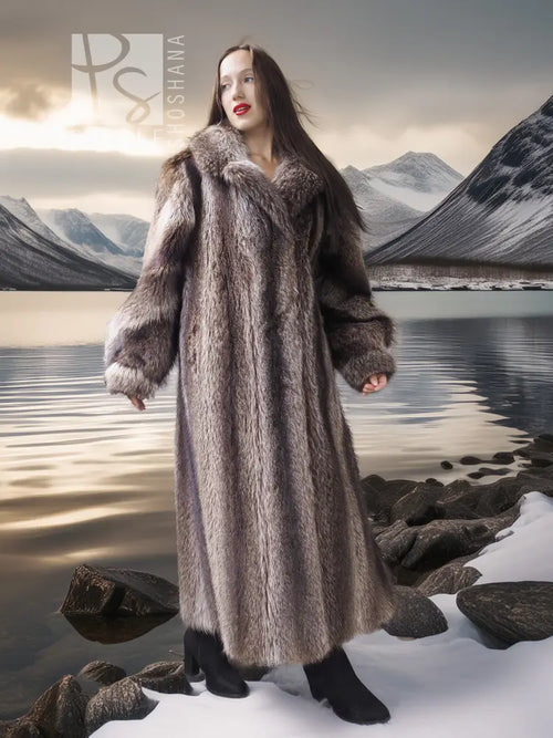 Full-length raccoon fur coat with hood, long sleeves, open front