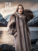 Full-length raccoon fur coat with voluminous shoulders, buttonless open front and plush cuffs.
