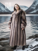 Long taupe-brown raccoon fur coat with dropped shoulders and open front.