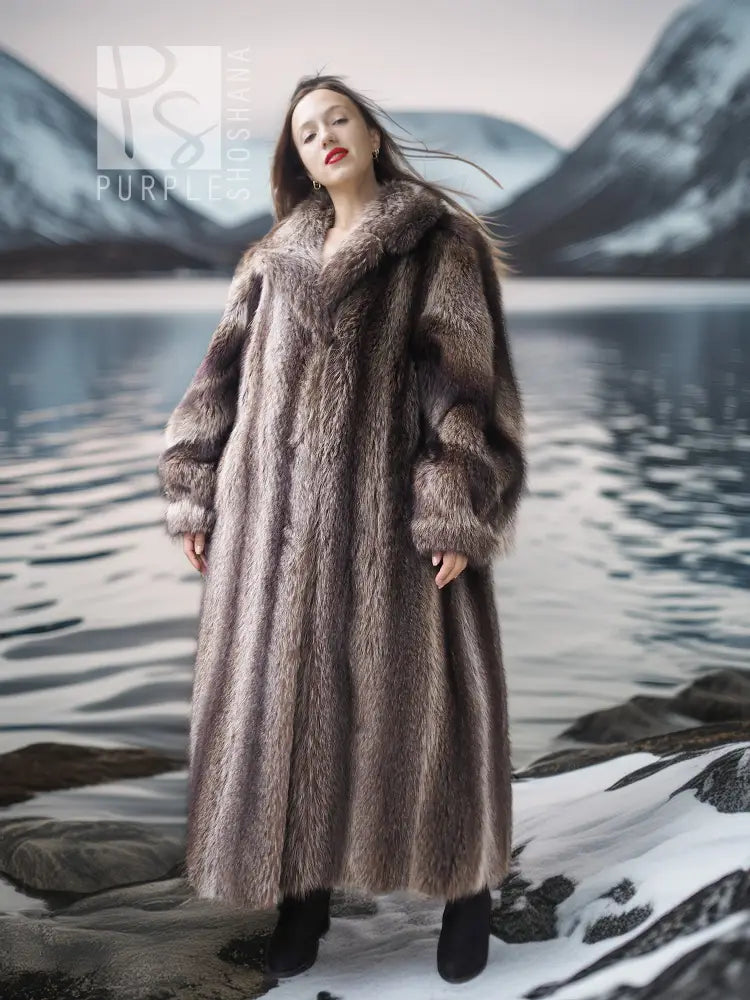 Long taupe-brown raccoon fur coat with dropped shoulders and open front.