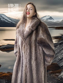 Taupe-brown raccoon fur coat with large shawl collar and long sleeves.