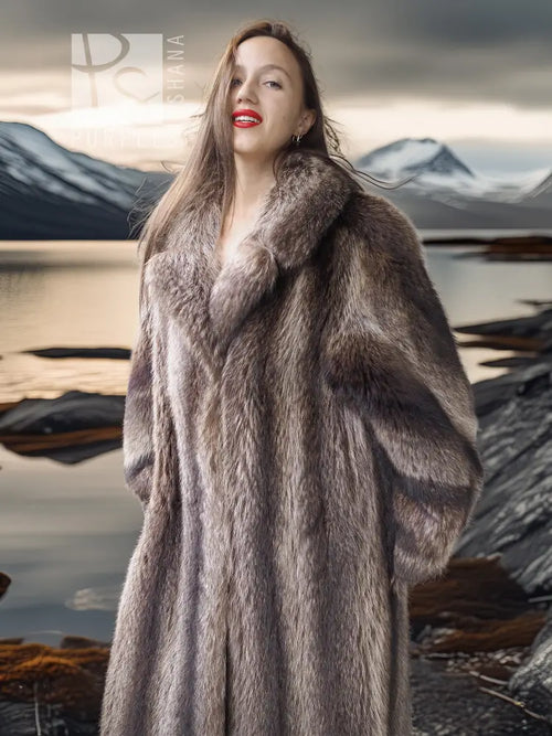 Taupe-brown raccoon fur coat with large shawl collar and long sleeves.