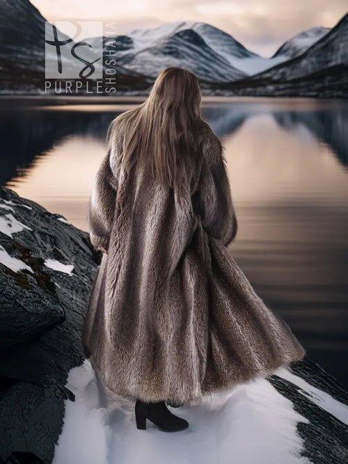 Back view of full-length raccoon fur coat with draped hooded collar and long sleeves.