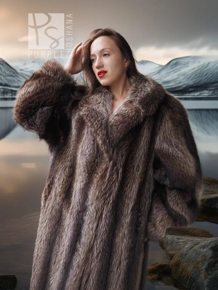 Full-length raccoon fur coat with thick fur hood and long sleeves, open front