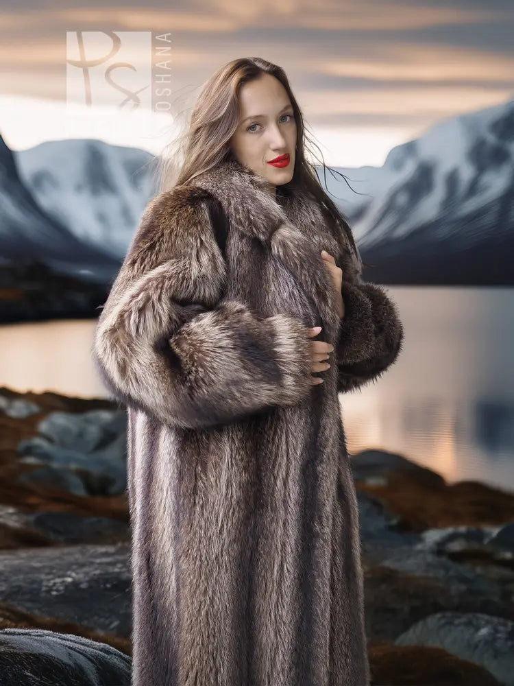 Taupe-brown raccoon fur coat with wide lapels and voluminous sleeves.