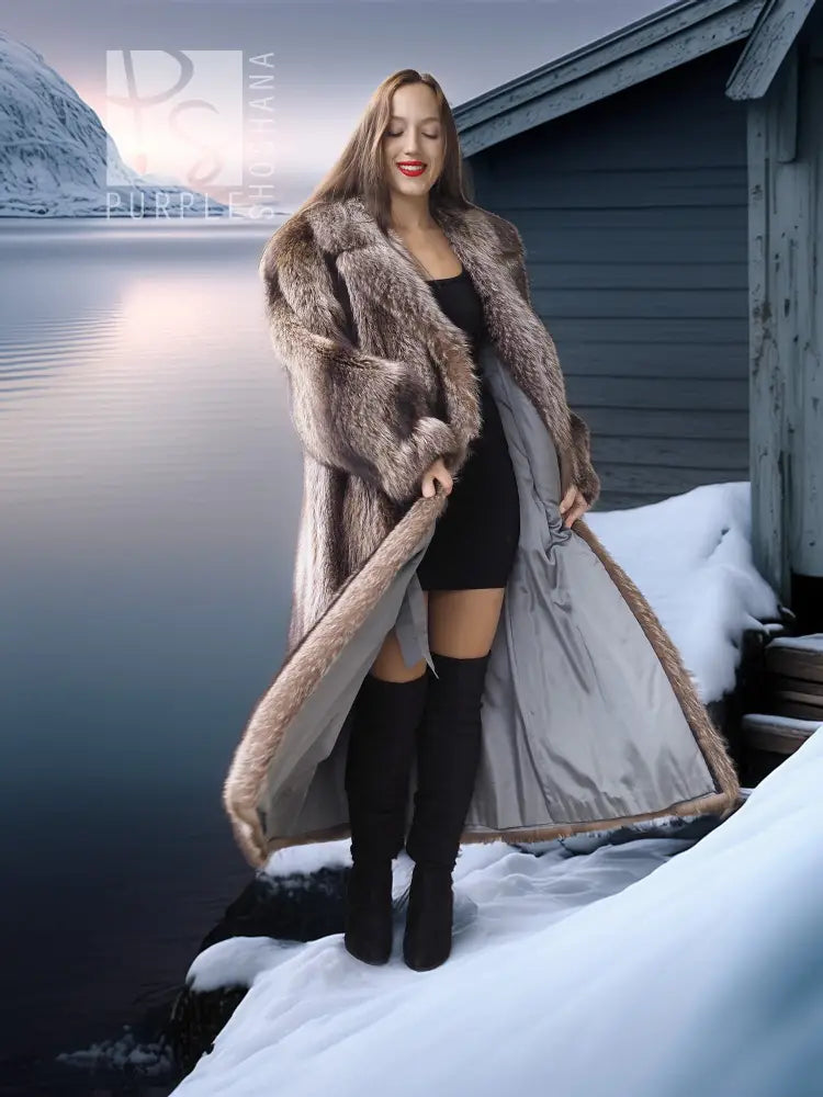 Full-length raccoon fur coat with long open front and large hood, long sleeves