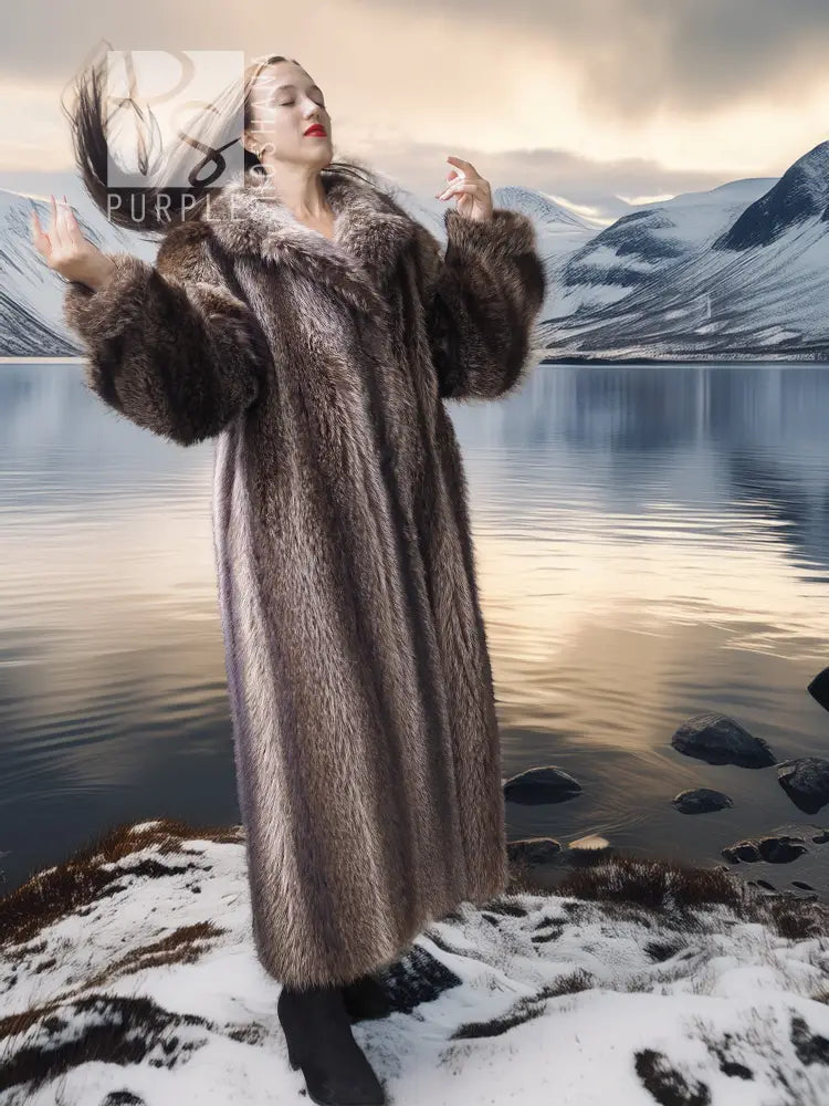Hooded raccoon fur coat with oversized collar and long sleeves, open front