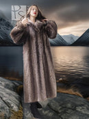 Long raccoon fur coat with standing collar and buttonless front, taupe-brown.