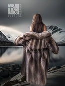 Hooded full-length raccoon fur coat with wide collar, long sleeves, open front