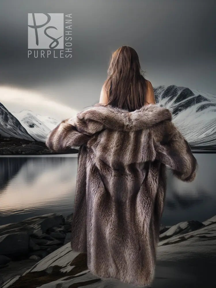 Hooded full-length raccoon fur coat with wide collar, long sleeves, open front