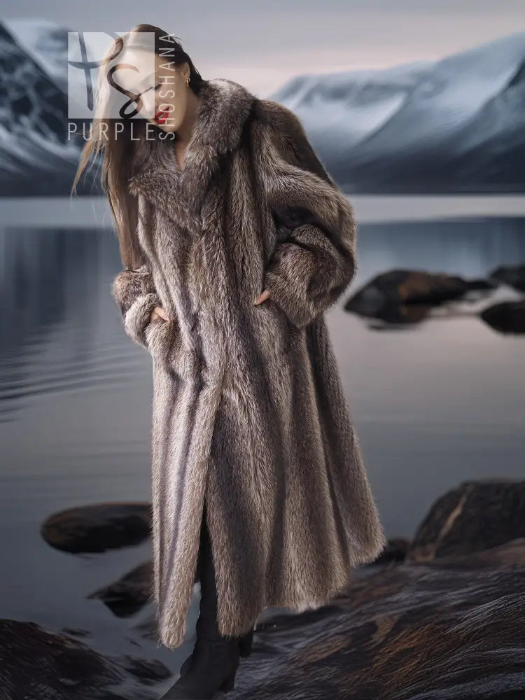 Long raccoon fur coat in taupe-brown with high collar and relaxed fit.