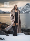 Hooded full-length raccoon fur coat with thick cuffs and wide collar, open front