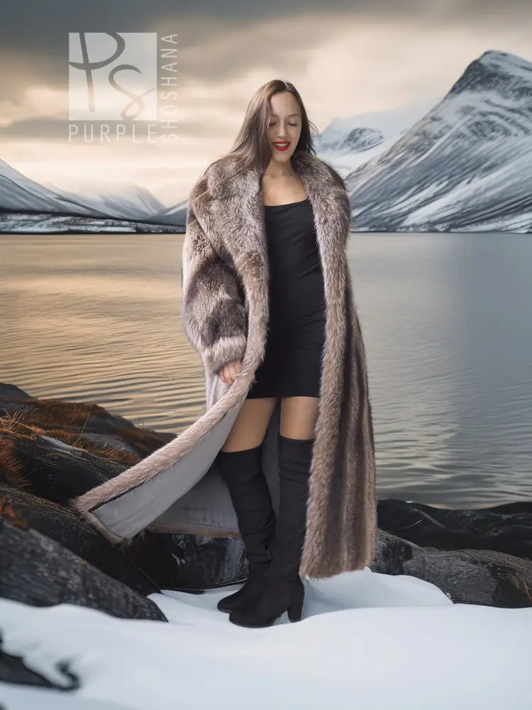 Hooded full-length raccoon fur coat with thick cuffs and wide collar, open front