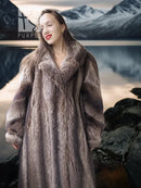 Full-length raccoon fur coat with wide V-neck fur collar and long sleeves, open front