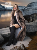 Full-length raccoon fur coat with open front, dark gray-brown fur and wide collar.
