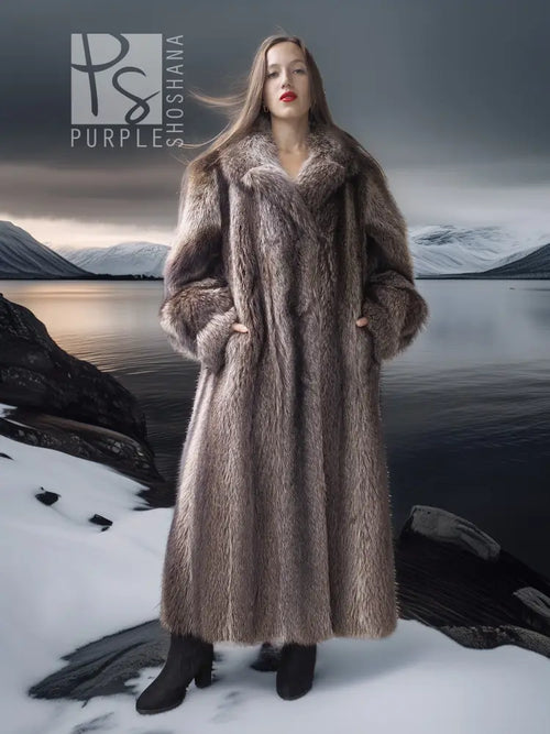 Full-length taupe-brown raccoon fur coat with plush texture and hood-style collar.