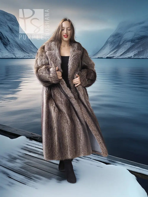 Hooded full-length raccoon fur coat with wide collar, long sleeves, open front