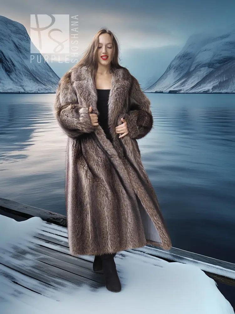 Hooded full-length raccoon fur coat with wide collar, long sleeves, open front